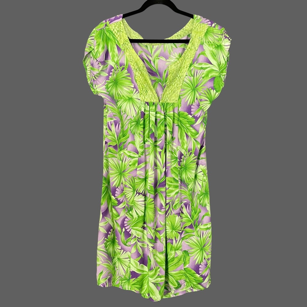Handmade Hawaiian Dress Palm Snake Print Purple‎ Green Soft Notched V-Neck Midi